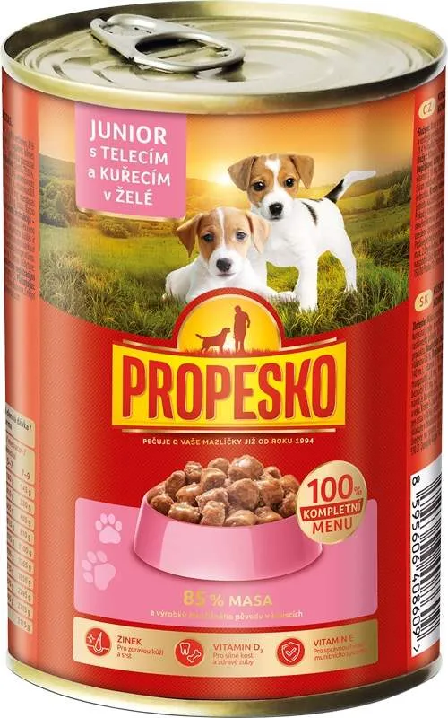 Propesko-Kousky-Junior-teleci+kure-v-zele-pro-psy-415g